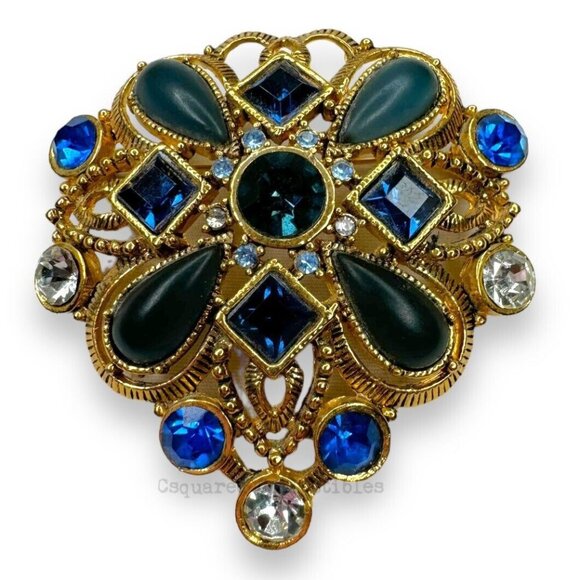 Unbranded Jewelry - Gold Tone Blue Clear Faceted Crystal & Acrylic Cabochon Brooch